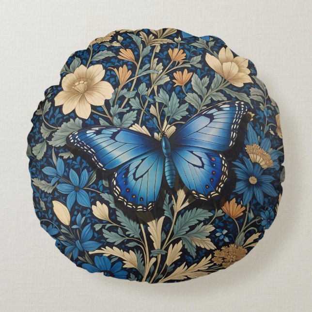 Coussins Ronds Elégant Papillon Bleu William Morris Inspiré (Devant)