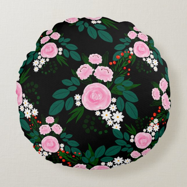 Coussins Ronds Elégant rose et blanc Floral aquarelle Peinture (Devant)