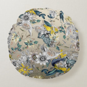 Coussins Ronds Élégant Vintage moderne gris or jaune floral