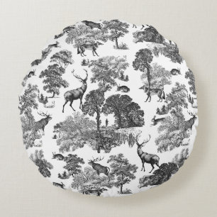 Coussins Ronds Elégant Vintage noir blanc français Toile Cerf