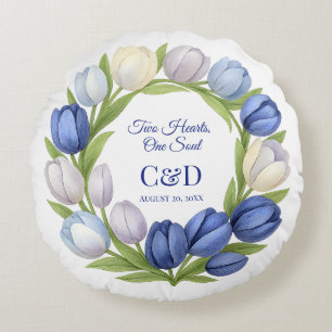 Coussins Ronds Elégante aquarelle Tulipe Mariage de couronne bleu