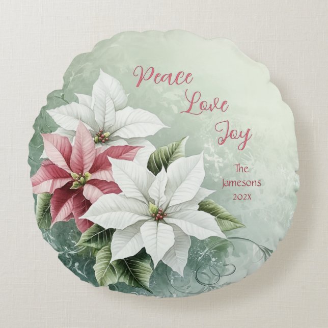 Coussins Ronds Élégante Poinsettias de Noël Rose Blanc (Devant)