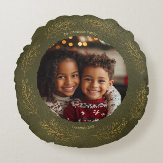 Coussins Ronds Élégantes Feuilles Dorées Famille Photo Noël Vert
