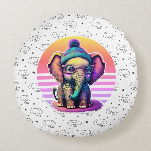 Coussins Ronds Eléphant bébé mignon avec lunettes et Beanie (Devant)