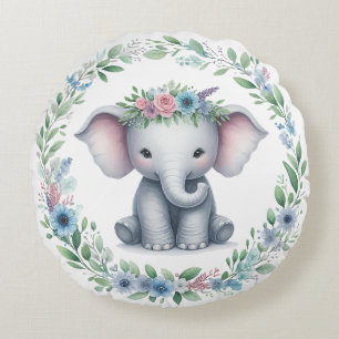 Coussins Ronds Éléphant mignon avec floral bleu