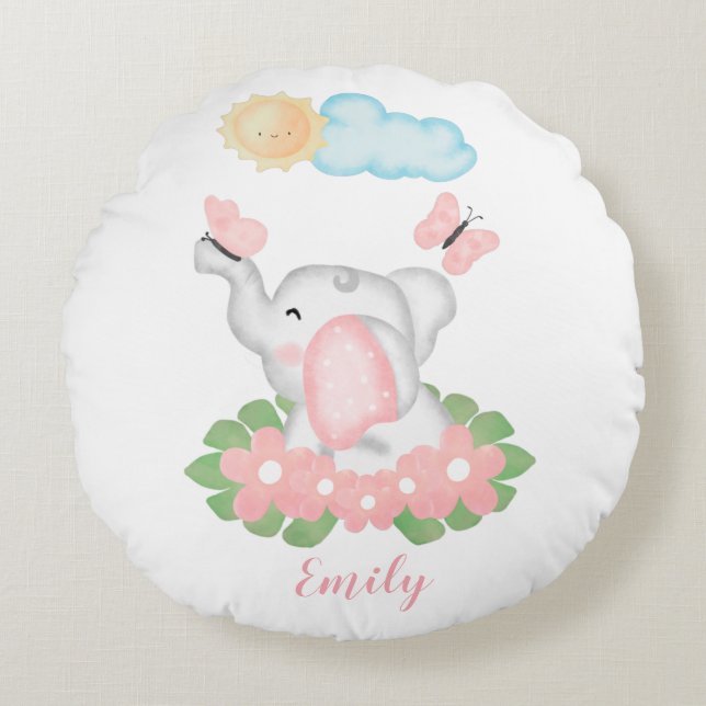 Coussins Ronds Eléphant mignon bébé avec fleurs roses (Devant)