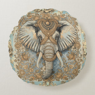 Coussins Ronds Éléphant Vintage, Éléphant Antique, Bleu Doux Or