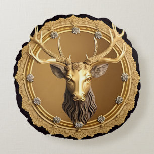 Coussins Ronds Emblème élégant de cerf doré avec cadre orné