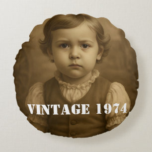 Coussins Ronds Enfance personnalisée deux Photos & Année Vintage