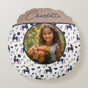 Coussins Ronds Enfants Navy Beige Unicorne Photo personnalisée av