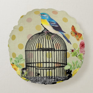 Coussins Ronds Éphémère de cage à oiseaux florale vintage moderne