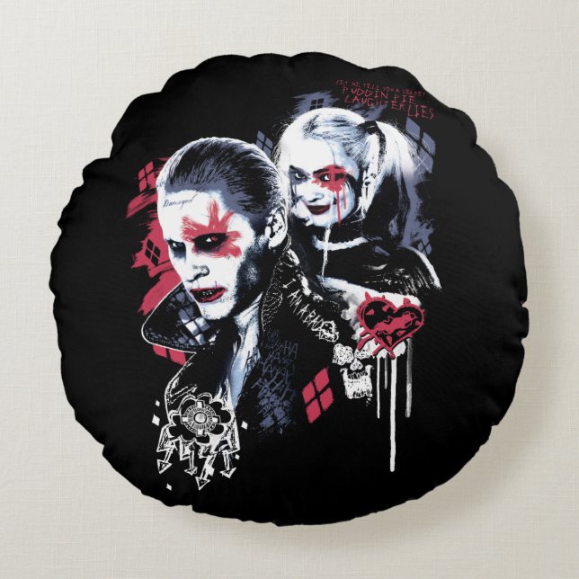 Coussins Ronds Équipe de suicide | Graffiti peint Joker & Harley (Devant)