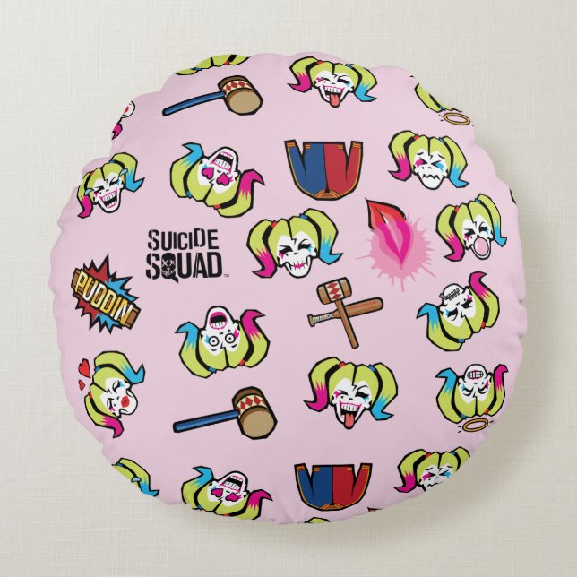Coussins Ronds Équipe de suicide | Harley Quinn Emoji Motif (Devant)