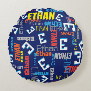 Coussins Ronds Ethan nom personnalisé pixel E jeu bleu graphique