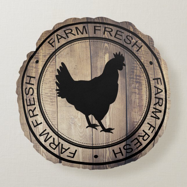 Coussins Ronds Étiquette noir frais de ferme de poule de ferme (Devant)