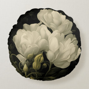 Coussins Ronds Étude d'une fleur de pivoine en blanc