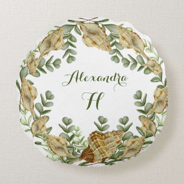 Coussins Ronds Eucalyptus Vert Aquarelle Coquillage (Devant)