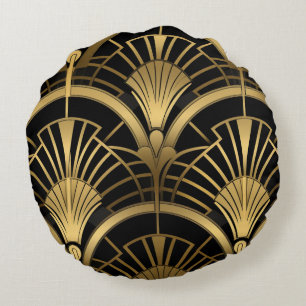 Coussins Ronds Éventails Gatsby - Noir et Or Art Déco