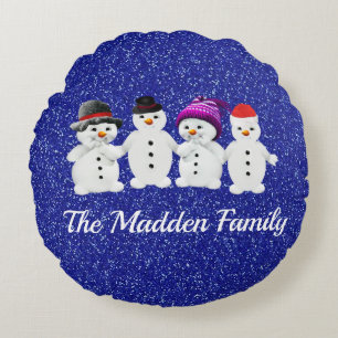 Coussins Ronds Famille de quatre Snowmen Blue Sparkle Winter