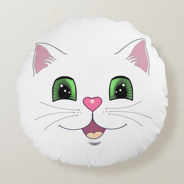 Coussins Ronds Fantaisie chatte visage sur blanc (Devant)