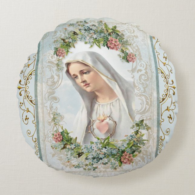 Coussins Ronds Fatima Bienheureuse Vierge Marie Florale Catholiqu (Devant)