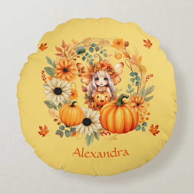 Coussins Ronds Fée Citrouille mignonne dans la couronne d'automne (Devant)