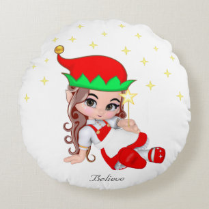 Coussins Ronds Fée de Noël habillée de rouge et d'étoiles