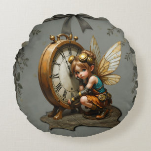 Coussins Ronds Fée Steampunk avec ailes d'or et horloge antique