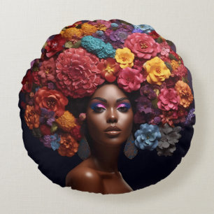 Coussins Ronds Femme afro-américaine Reine noire Melanin Poppin