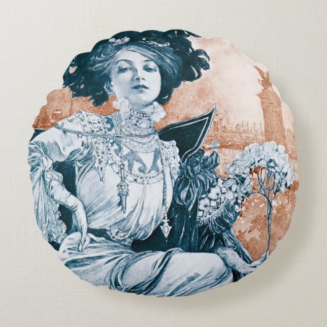 Coussins Ronds Femme avec Rose, Alphonse Mucha Lance Oreiller (Devant)