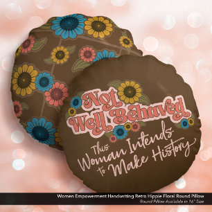 Coussins Ronds Femmes Autonomisation écriture rétro hippie floral