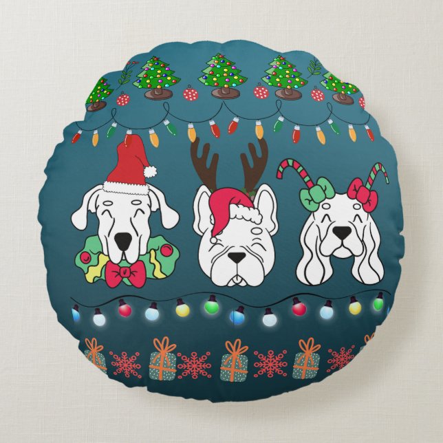 Coussins Ronds Festive Dog Christmas Pattern-cute holiday dogs (Devant)