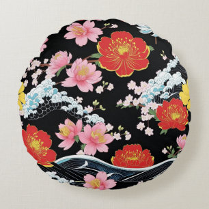 Coussins Ronds Fête japonaise Fleurs de Sakura Seigaiha Moderne R