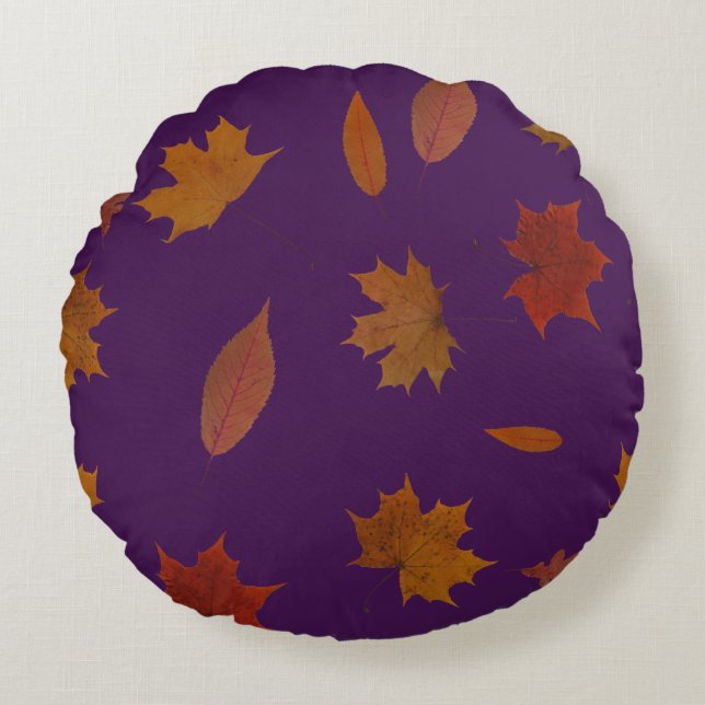Coussins Ronds Feuille d'automne photographique sur la couleur (Devant)