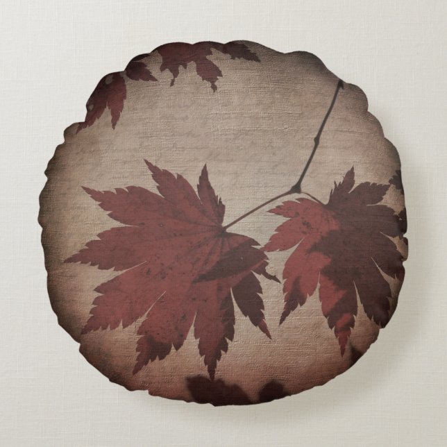 Coussins Ronds Feuille d'érable japonaise et script brun rouge (Devant)