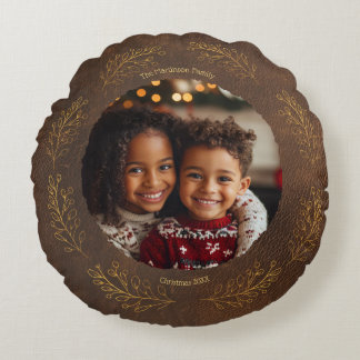 Coussins Ronds Feuille dorée élégante Famille Photo Noël Marron