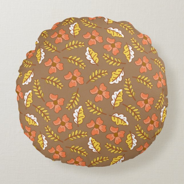 Coussins Ronds Feuilles d'automne en chute chaude avec fleurs (Devant)