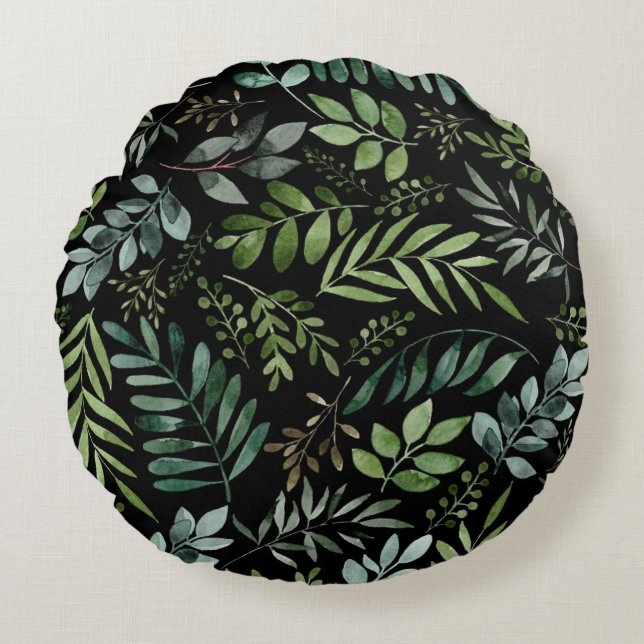 Coussins Ronds Feuilles de verdure aquarelle   (Devant)