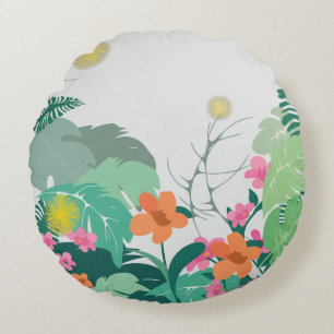 Coussins Ronds Feuilles et Fleurs Tropicales Pastel