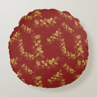 Coussins Ronds Feuilles Gold Gingko Balboa sur Arrière - plan rou