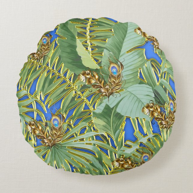 Coussins Ronds Feuilles Golden Peacock sur Cerulean Blue (Devant)