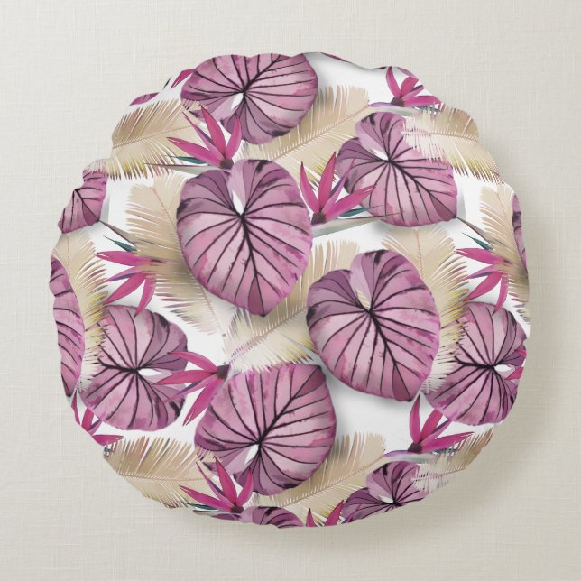 Coussins Ronds Feuilles tropicaux rose (Devant)