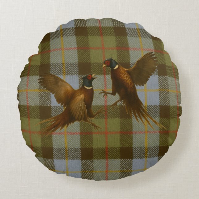 Coussins Ronds Fighting Pheasants on tweed / tartan background  (Devant)
