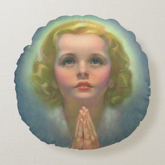 Coussins Ronds Fille blonde angélique avec halo et étoiles priant (Devant)