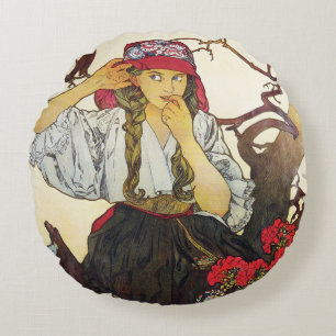 Coussins Ronds Fille et géranium, Alphonse Mucha Throw Pillow