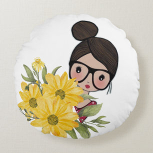 Coussins Ronds Fille mignonne avec lunettes et tournesols Jeter l