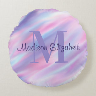 Coussins Ronds Fille mignonne Nom & Monogramme rose violet & bleu