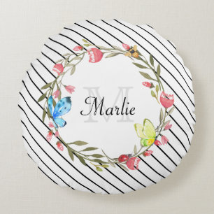 Coussins Ronds Fille Papillon floral mince bandes et nom noir
