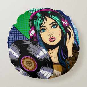 Coussins Ronds Fille Pop Art avec disque