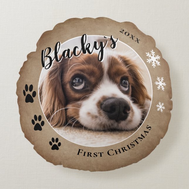 Coussins Ronds First Puppy Christmas Rustic Chien Nom Photo (Devant)